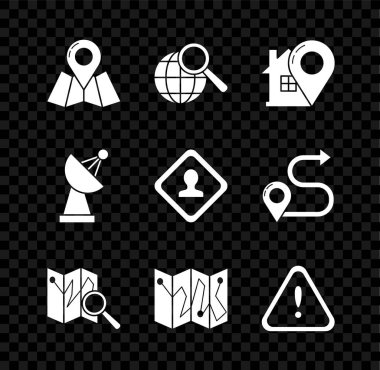 Katlanmış haritayı konum işaretleyicisi, büyüteç küresi, harita işaretleyici evi, ünlem üçgeni, Radar ve Yol trafik işareti simgesi ile ayarla. Vektör