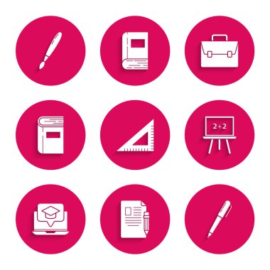 Üçgen cetvel, sınav kağıdı ve kalemi silgi, kalem tahtası, mezuniyet şapkasını ekran dizüstü bilgisayar, kitap, evrak çantası ve boya fırçası simgesine ayarla. Vektör