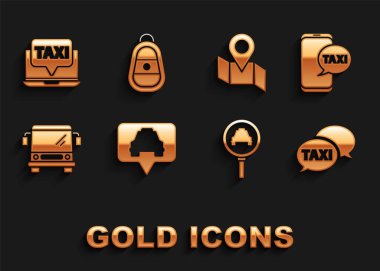 Harita işaretçisini taksi, taksi, taksi, telefon servisi, büyüteç ve araba, otobüs, katlanmış harita konum işareti, dizüstü bilgisayar ve araba uzaktan kumanda simgesi ile ayarla. Vektör