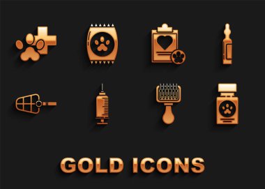 Şırıngayı evcil hayvan aşısı, ilaç şişesi, köpek ilacı şişesi ve haplar, köpek kedisine saç fırçası, ağızlık, pano klinik kaydı, veterinerlik sembolü ve yiyecek ikonu ile ayarla. Vektör