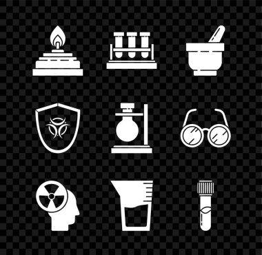 Alkol veya ruh yakıcı, test tüpü ve matara kimyasalı, havan topu, insan kafa radyasyonu, laboratuvar cam deney tüpü, biyolojik tehlike sembolü kalkanı ve ayakta durma ikonu. Vektör
