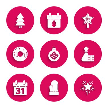 Noel balosu, eldiven, yıldız, hediye paketi, takvim, tatlı jöleli çörek ve ağaç ikonu. Vektör