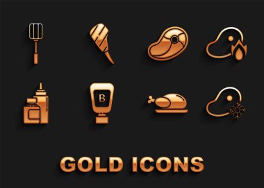 Sos şişesi, ızgara biftek eti ve ateş, taze donmuş, kızarmış hindi ya da tavuk, biftek, Spatula ve pirzola ikonu. Vektör