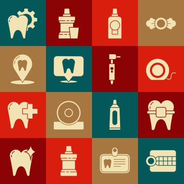 Takma dişler, diş telleri, diş ipi, ağız macunu, plastik şişe, klinik konumu, diş tedavisi prosedürü ve matkap ikonu. Vektör