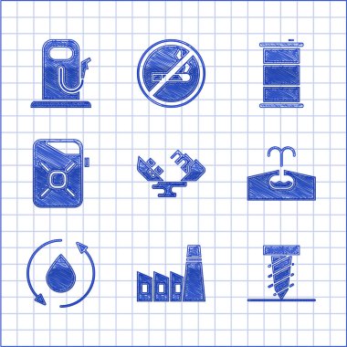 Yıkılmış petrol tankeri gemisi, petrol sanayi fabrikası binası, döner sondaj çukuru, petrol sahası, damla, motor, fıçı ve benzin istasyonu ikonu. Vektör