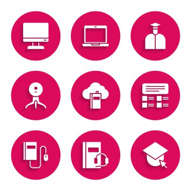 Bulut ya da çevrimiçi kütüphane, Ses Kitabı, Mezuniyet Başlığı Küresi, Çevrimiçi Sınav, Test, İnceleme, Elektronik, Fare, Web kamerası, Öğrenci ve Bilgisayar monitörü simgesi. Vektör