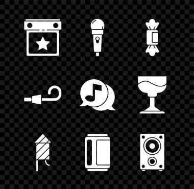 Takvim partisi, Mikrofon, Şeker, Havai fişek, Bira kutusu, Stereo hoparlörü, Doğum günü kornosu ve konuşma balonu simgesinde müzik notalarını ayarla. Vektör