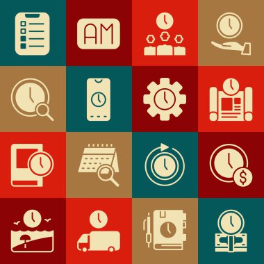 Set Zamanı para, Proje Zaman Planı, Yönetim, Alarm saati uygulama mobil, büyüteç, liste yapmak veya planlamak ve simge ile birlikte. Vektör