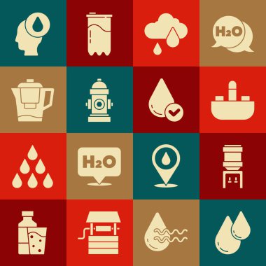 Su damlası, soğutucu, çeşmeli lavabo, bulut yağmuru, yangın musluğu, sürahi filtresi ve ikon koyun. Vektör