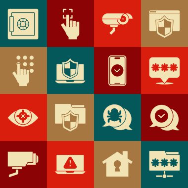 Dizini parola ile ayarla, konuşma balonunda işaretle, parola koruması, güvenlik kamerası, dizüstü bilgisayar korumalı kalkan, güvenli ve akıllı telefon simgesi. Vektör