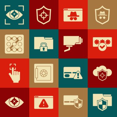 Belge klasörü koruması, Bulut ve Kalkan, Parola, Tarayıcı kılık değiştirme penceresi, Dizin kilidi, Grafik parola, Göz taraması ve Güvenlik kamerası simgesi ayarlayın. Vektör