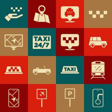 Şehir haritasını, treni, arabayı, taksiyi, GPS cihazını, el ve simgeyi ayarlayın. Vektör