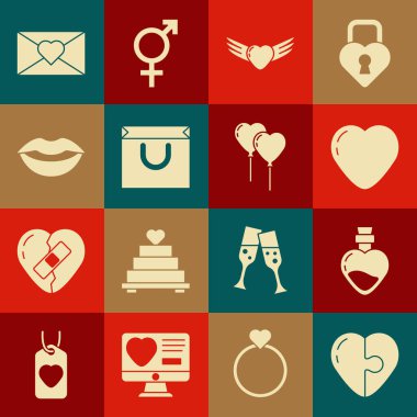 Set Heart, Aşk iksiri, kanatlar, alışveriş torbası, gülen dudaklar, Zarif Sevgililer Günü kalbi ve balon ikonu formu. Vektör