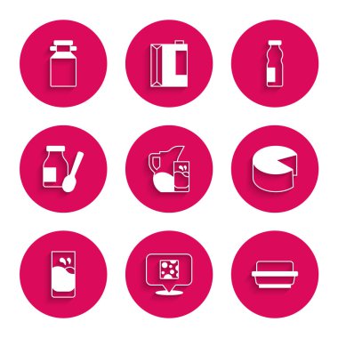 Süt sürahisi veya sürahi ve cam, tereyağlı peynir, tereyağlı bardak, sütlü bardak yoğurt şişesi ve ikon için konserve kutusu. Vektör