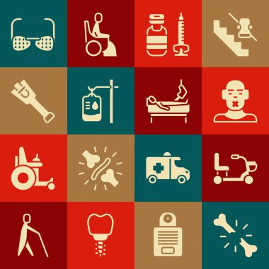 Set Human broken bone, Electric wheelchair, Head of deaf and dumb, Syringe, IV bag, Prosthesis leg, Blind glasses and Patient with icon. Vector