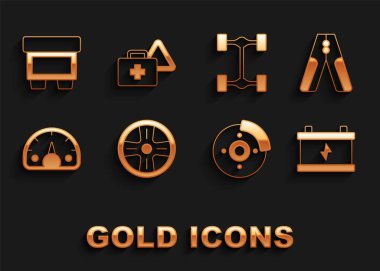 Alloy tekerleği, akü takviye kablosu, kalibreli fren diski, hız göstergesi, Chassis arabası, Fuse ve ilk yardım çantası ve uyarı üçgeni ikonu. Vektör
