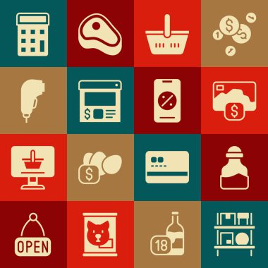 Deponun içini kutular, baharat kutusu, kredi kartı, alışveriş sepeti, online sipariş ve teslimat, tarayıcı tarama barkodu, hesaplayıcı ve indirimli mobil ikon ile ayarla. Vektör