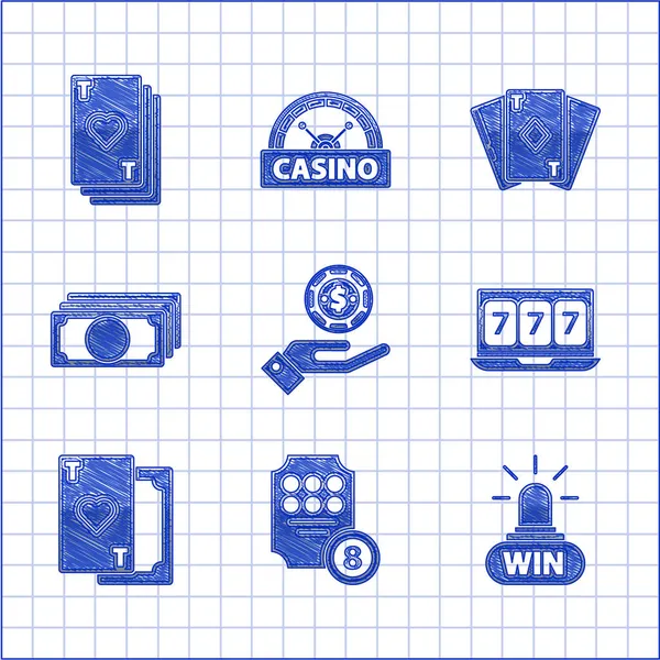 Set Main Tenant Des Jetons Casino Machine Sous Ligne Casino — Image vectorielle