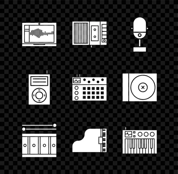 Setzen Sie Ton Oder Audiorecorder Auf Laptop Tonbandgerät Mikrofon Schlagzeug — Stockvektor