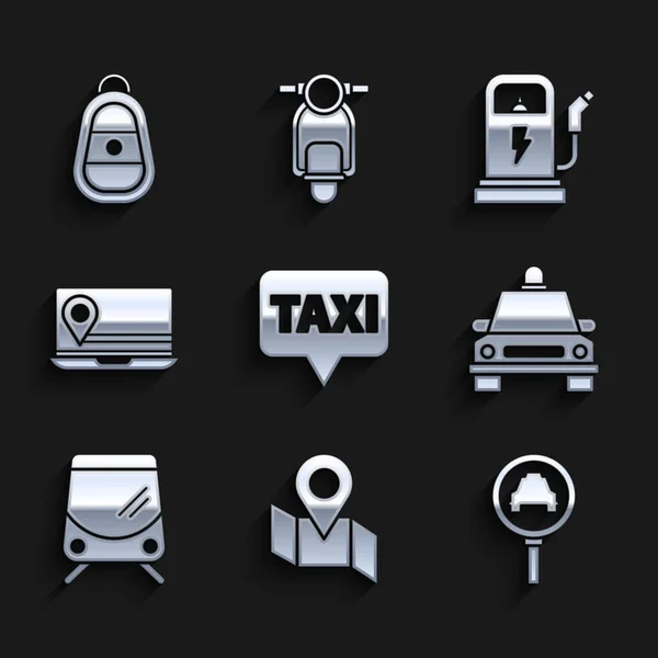 Pointeur Carte Avec Taxi Marqueur Localisation Carte Plié Loupe Voiture — Image vectorielle