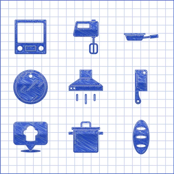 Set Keukenafzuigkap Kookpot Broodbrood Vleeshelikopter Koksmutje Met Locatie Snijplank Braadpan — Stockvector