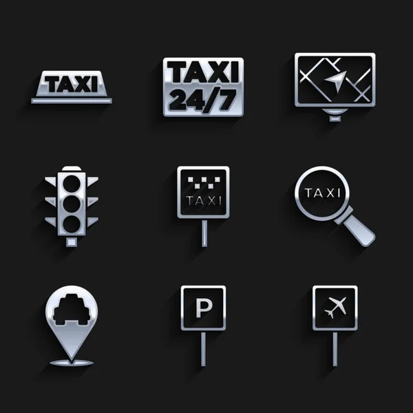 Réglez Panneau Signalisation Pour Une Station Taxi Parking Aéroport Magnification — Image vectorielle