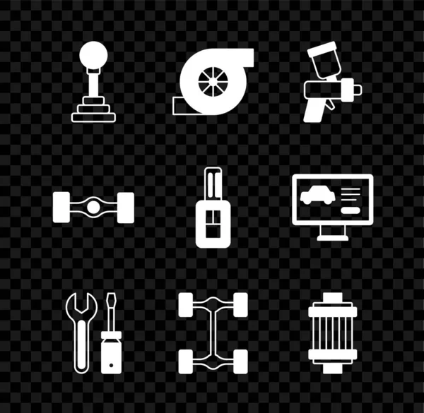 Set Versnellingspook Automobielturbolader Verfspuitpistool Schroevendraaier Moersleutel Chassis Auto Auto Luchtfilter — Stockvector