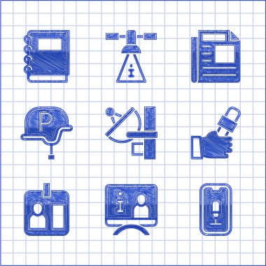 Set Radar, Televizyon Raporu, Mobil Kayıt, Gazeteci Haberleri, Kimlik Kartı, Savaş Gazetecisi, Haber ve Not Defteri ikonu. Vektör