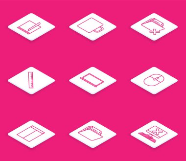 Satır dosyası, kahve fincanı, silme klasörü, cetvel, dizüstü bilgisayar faresi, zarf ve belge simgesi. Vektör