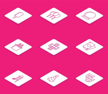 Dondurma, kurdeleli balonlar, sihirli top, sihirbaz şapkası ve tavşan kulakları, çekici atlıkarınca, iskambil kartı, havai fişek roketi ve parti ikonu. Vektör