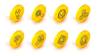 Sıra Kullanıcı Grubu, Proje ekibi tabanı, Yapboz parçası, İnsan kafası bulmacaları stratejisi, kaynaklar, büyüteç ekipmanları ve ampul kontrol simgesi. Vektör