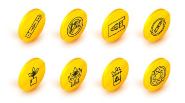 Güneş enerjisi panelini, geri dönüşüm sembollü geri dönüşüm kutusunu çevre korumasının bitki eli, şişe, pil hattı, okyanus plastik kirliliğini durdurun, çöp ve simge yok. Vektör