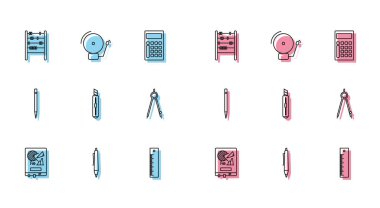 Grafik çizelgesi, kalem, abaküs, cetvel, kırtasiye bıçağı, çizim pusulası, silgi ve alarm zili simgesi ile satır tahtasını ayarla. Vektör