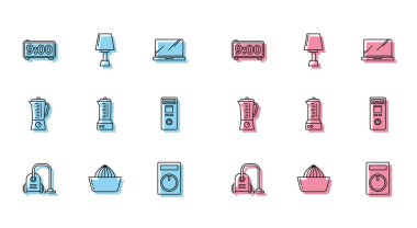 Elektrik süpürgesi, meyve sıkacağı, dijital alarm saati, uzaktan kumanda, blender ve masa lambası ikonu. Vektör
