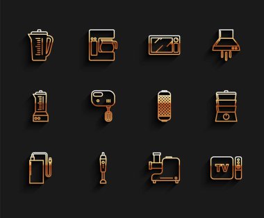 Hat kablosu, ölçü kablosu, mutfak kıyma makinesi, TV kutusu alıcısı, uzaktan kumanda, elektrik karıştırıcı, çift kazanlı ve Stereo hoparlör ikonuyla hat kurun. Vektör