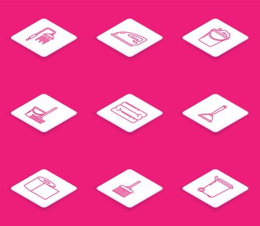 Su damlaları akan duş başlığı, elektrikli ütü, kova köpüğü ve köpükler, paspas kovası, havlu yığını, tuvalet pompası, kağıt rulo ve süpürge ikonu. Vektör