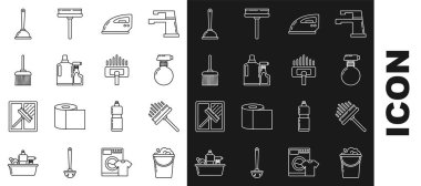 Köpük ve köpüklü kova, silecek, elektrikli ütü, sıvı bulaşık deterjanı için plastik şişeler, süpürge, tuvalet pompası ve elektrik süpürgesi ikonu. Vektör
