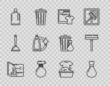 Demir ve havlu, çöp torbası, çamaşır makinesi tişörtü sıvı bulaşık deterjanı için plastik şişeler, sabun köpüklü leğen, kazıyıcı, silecek ikonu. Vektör