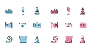 Doğum günü kornası, bir bardak viski ve buz, pasta, parti şapkası ızgara şiş kebap, Retro ses kaseti, tabak, çatal bıçak ve şampanya ikonu. Vektör