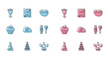 Set parti şapkası, piramit kulesine istiflenmiş şarap bardakları, çiçek buketi, palyaço kafası, müzik akışı servisi, lolipop, vinil disk ikonlu Muffin ve Vinil player. Vektör