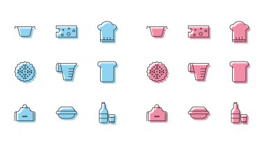 Set hattı mutfak önlüğü, makarna kurabiyesi, pişirme kabı, süt ve bardaklı cam şişe, ölçü kabı, ekmek tostu, bisküvi ve peynir ikonu. Vektör