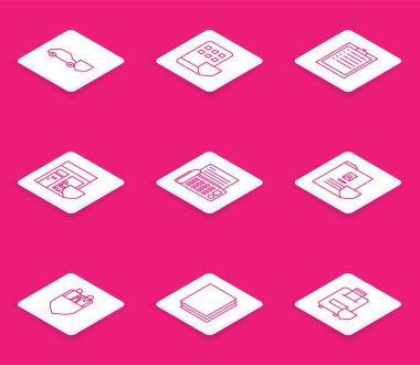 Rozetli araç, akıllı telefon sigortası, pano kontrol listesi, alışveriş binası, faks makinesi, belge, aile ve temiz kağıt ikonu. Vektör