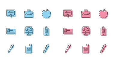 Satır, kalem, belge, sertifika şablonu, silgiyle kalem, monitör mezuniyet şapkası, kimlik kartı ve evrak çantası simgesi. Vektör