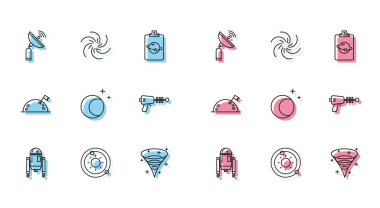 Robot, Güneş Sistemi, Radar, Kara Delik, Ay ve yıldızlar, Işın Silahı, Bayrak ve ikonlu Gezegen. Vektör