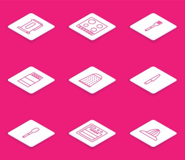 Su ısıtıcısı, gaz sobası, çatal, kibrit kutusu kibriti, Grater, bıçak, kaşık ve fırın ikonu. Vektör