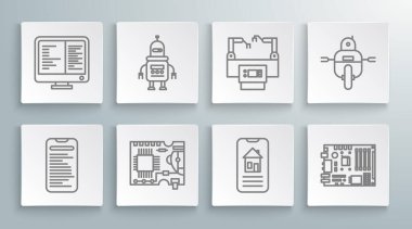 Hat bilgisayar api arayüzü, robot, basılı devre kartı PCB, akıllı ev, elektronik bilgisayar parçaları ana kart dijital çipi, montaj hattı ve ekran simgesini görüntüle. Vektör
