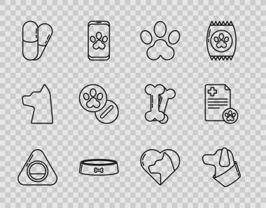 Evcil hayvan yatağı, köpek, pençe izi, yemek kasesi ve haplar kedili kalp ve klipsli tıbbi kayıt ikonu. Vektör