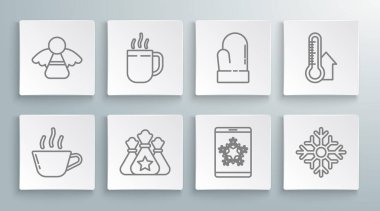 Sıralı kahve fincanı, Noel Baba çantası hediyesi, akıllı telefon ve kar tanesi, kar tanesi, eldiven, meteoroloji termometresi ve melek ikonu. Vektör