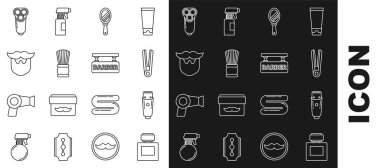 Tıraş losyonu, elektrikli saç makası ya da tıraş makinesi, saç maşası, saç maşası, el aynası, tıraş fırçası, bıyık sakalı, jilet adamlar ve berber dükkanı ikonu. Vektör