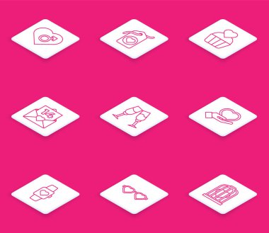 Sabit çizgi, erkek cinsiyeti, etiket, düğün pastası kalbi, Envelope Valentine, elinde şampanya kadehi, orta kol saati ve şekilli aşk gözlüğü ikonu. Vektör